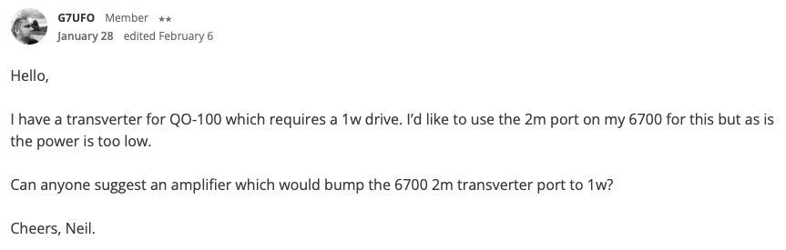 Post on FlexRadio community asking if anyone knows of a low power amplifier for the FlexRadio transverter output
