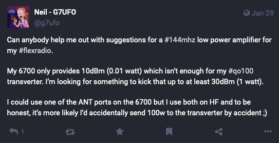 Mastodon post asking if anyone knows of a low power amplifier for the FlexRadio transverter output