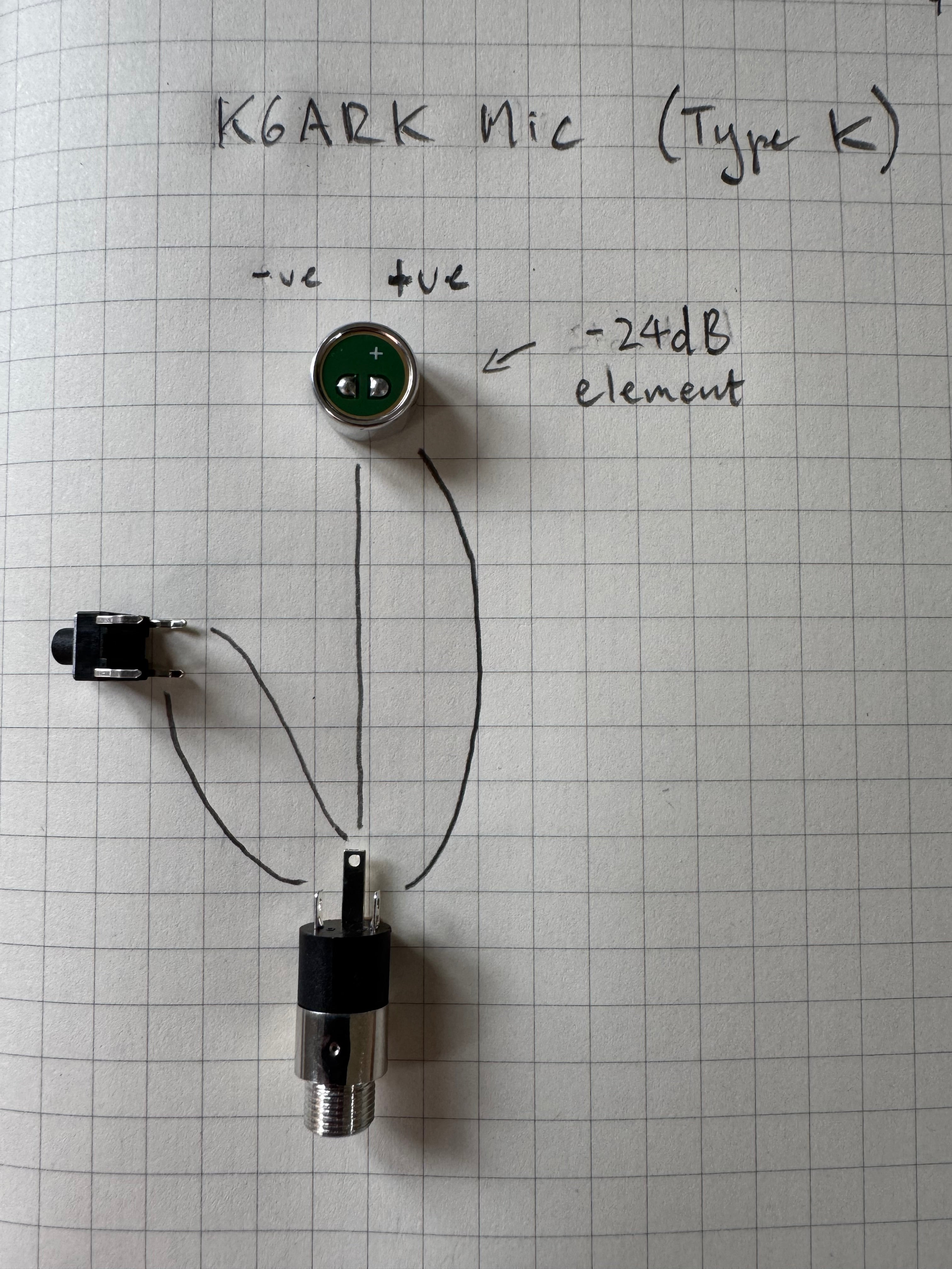 Hand-drawn Type K wiring diagram for the -24dB element: the element&rsquo;s -ve and +ve pads and the push switch wired to the lugs of the 3.5mm jack