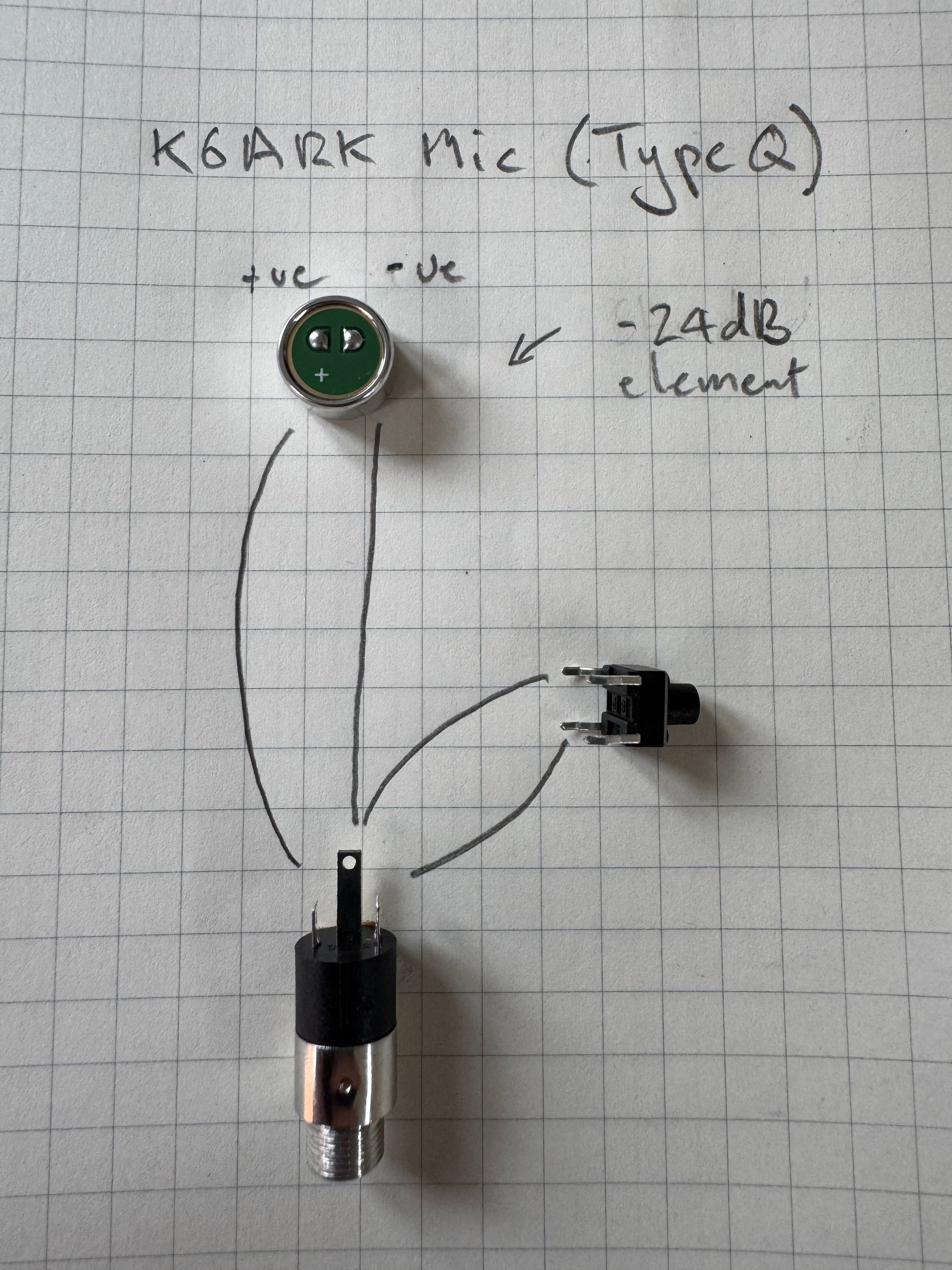 Hand-drawn Type Q wiring diagram for the -24dB element: the element&rsquo;s +ve and -ve pads and the push switch wired to the lugs of the 3.5mm jack