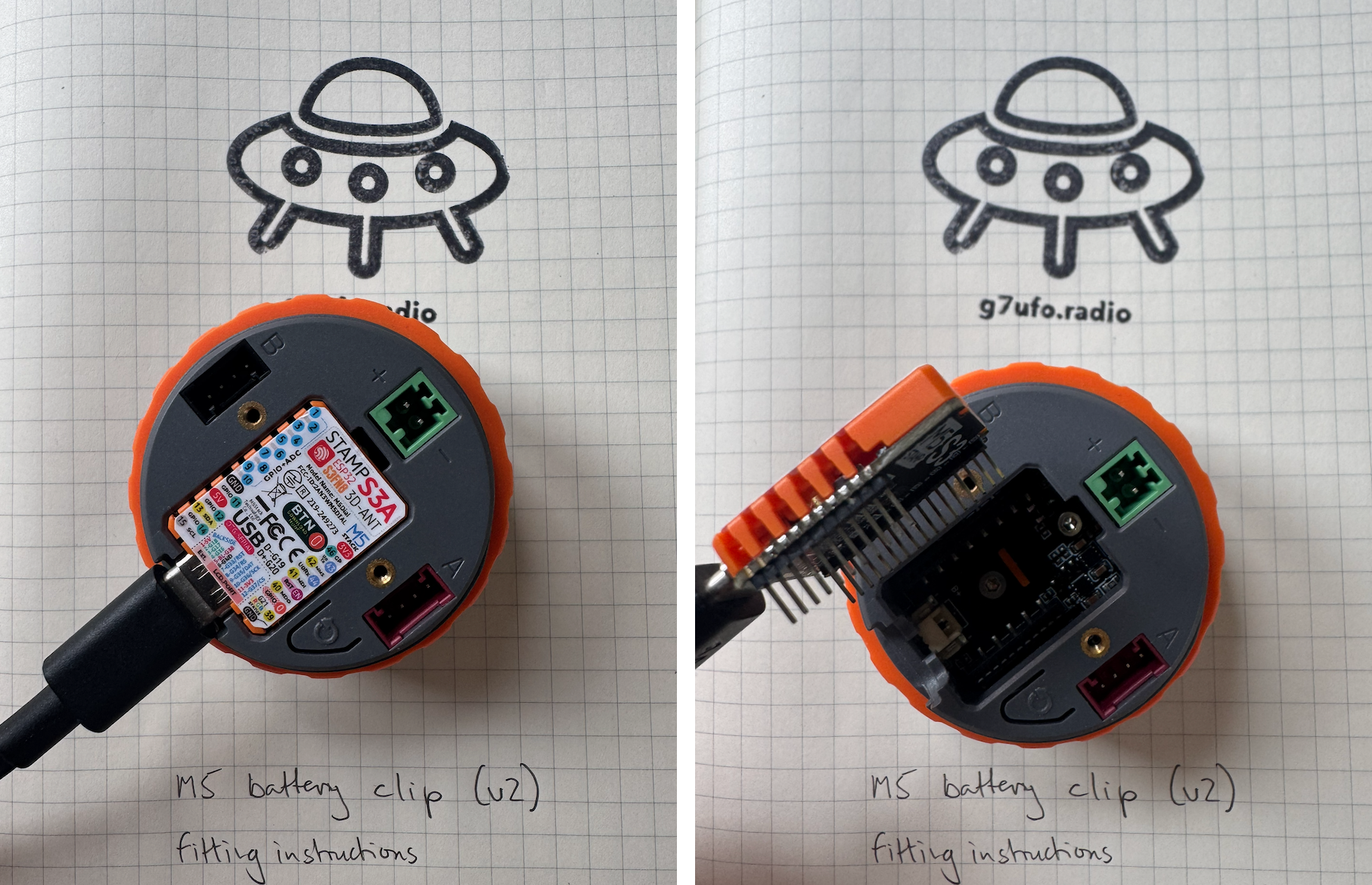 Using a USB-C cable to lift out the STAMP S3A board Two photos side by side: a USB-C cable plugged into the STAMP S3A board on the back of the M5 Dial, then the cable being used to lift the board out of its socket, exposing the pins