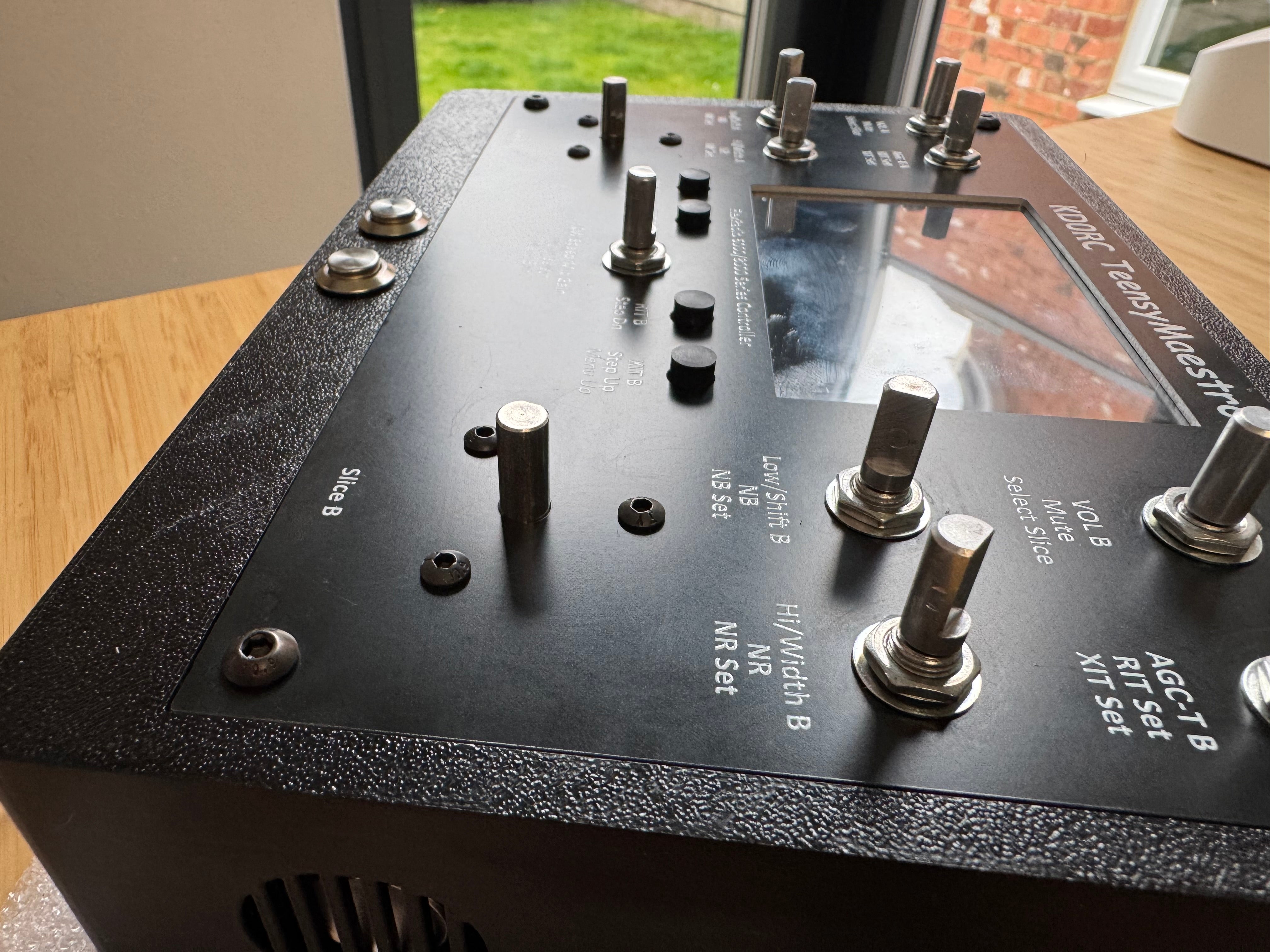 The Slice B side of the front panel from above, with the VFO encoder secured by its nuts
